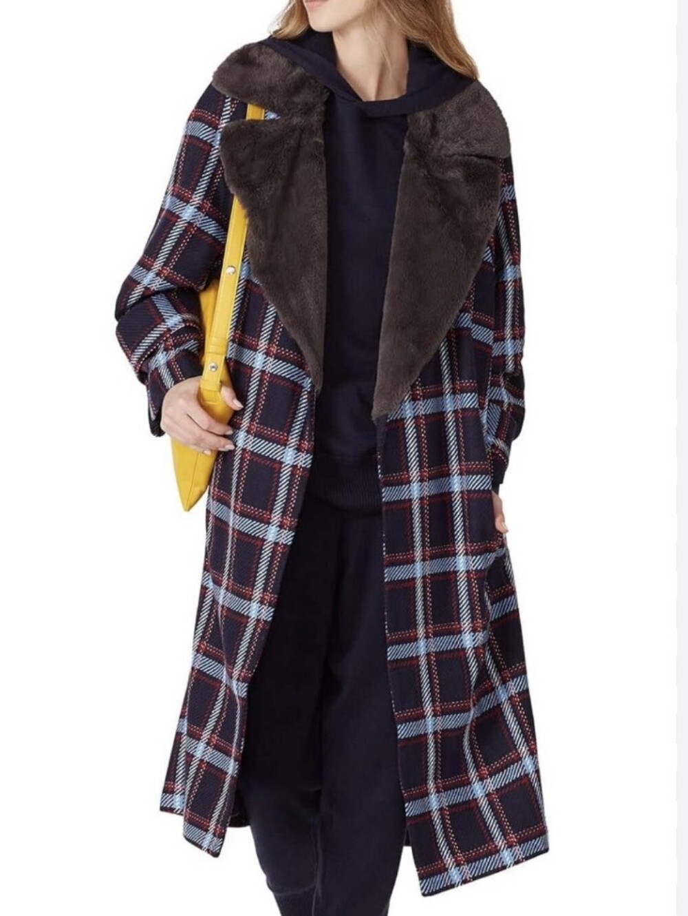 Victor Alfaro Oversized Tweed Faux Fur Collar Plaid Small Red Blue Wool Winter